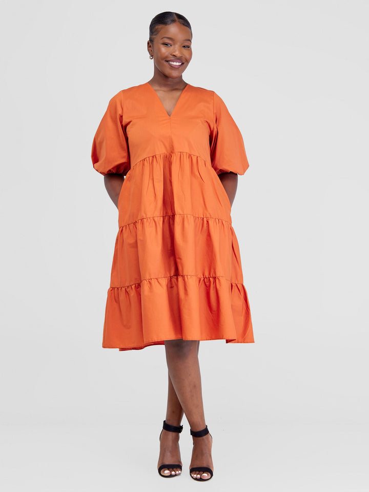 Safari Tawi Bishop Sleeve Tiered Dress - Rust Orange