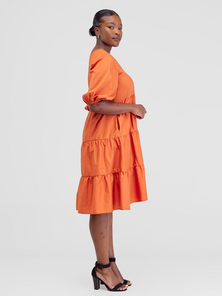 Safari Tawi Bishop Sleeve Tiered Dress - Rust Orange