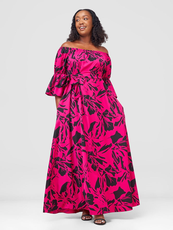 Vivo Tana Off Shoulder Maxi Dress - Fuschia / Black Lawi Print