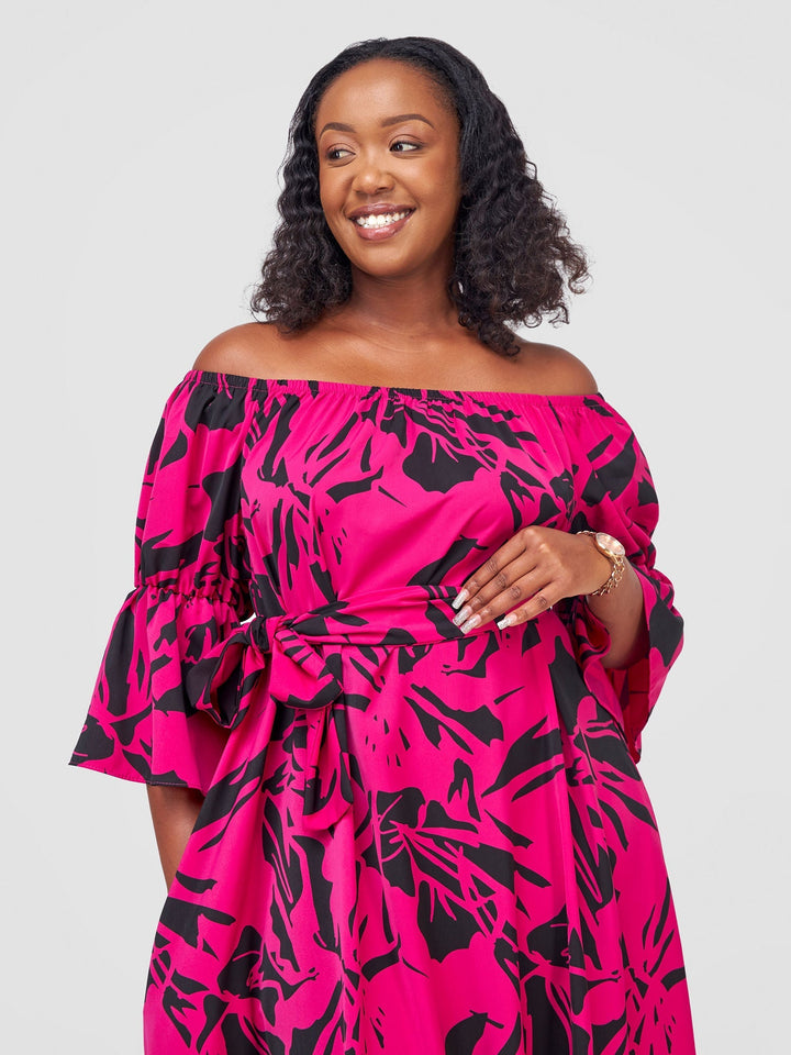 Vivo Tana Off Shoulder Maxi Dress - Fuschia / Black Lawi Print