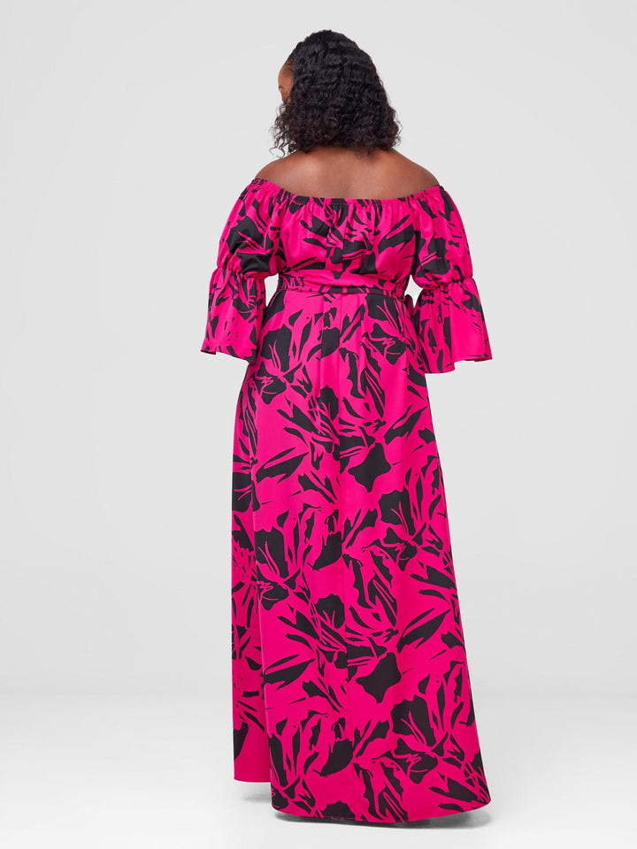 Vivo Tana Off Shoulder Maxi Dress - Fuschia / Black Lawi Print