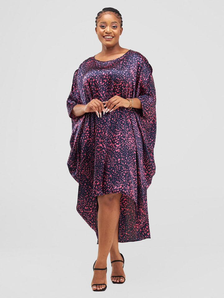 Vivo High Low Dolman Dress - Navy / Pink Print