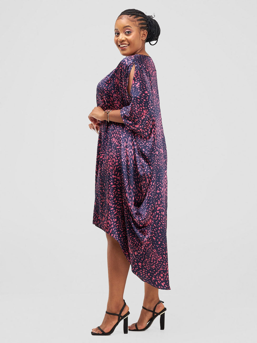 Vivo High Low Dolman Dress - Navy / Pink Print