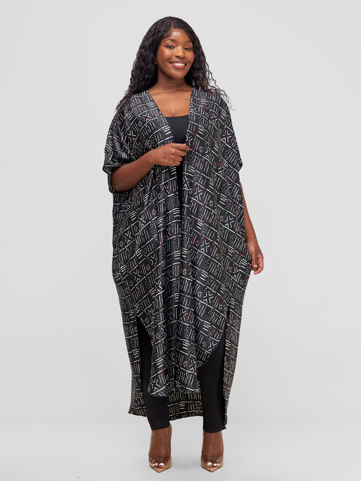 Vivo Satin Wide Kimono - Black / White Print