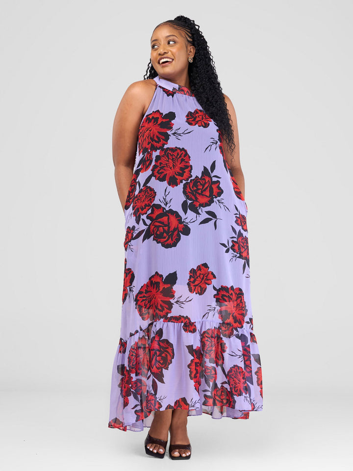 Vivo Halter Maxi Dress With Lining - Purple / Red Print