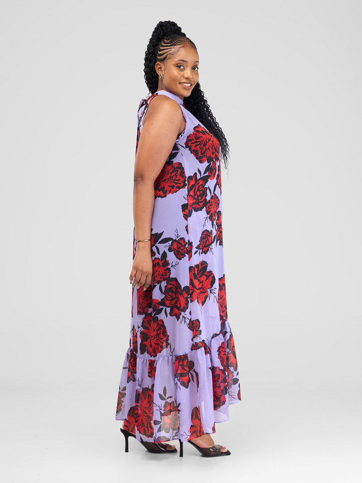 Vivo Halter Maxi Dress With Lining - Purple / Red Print