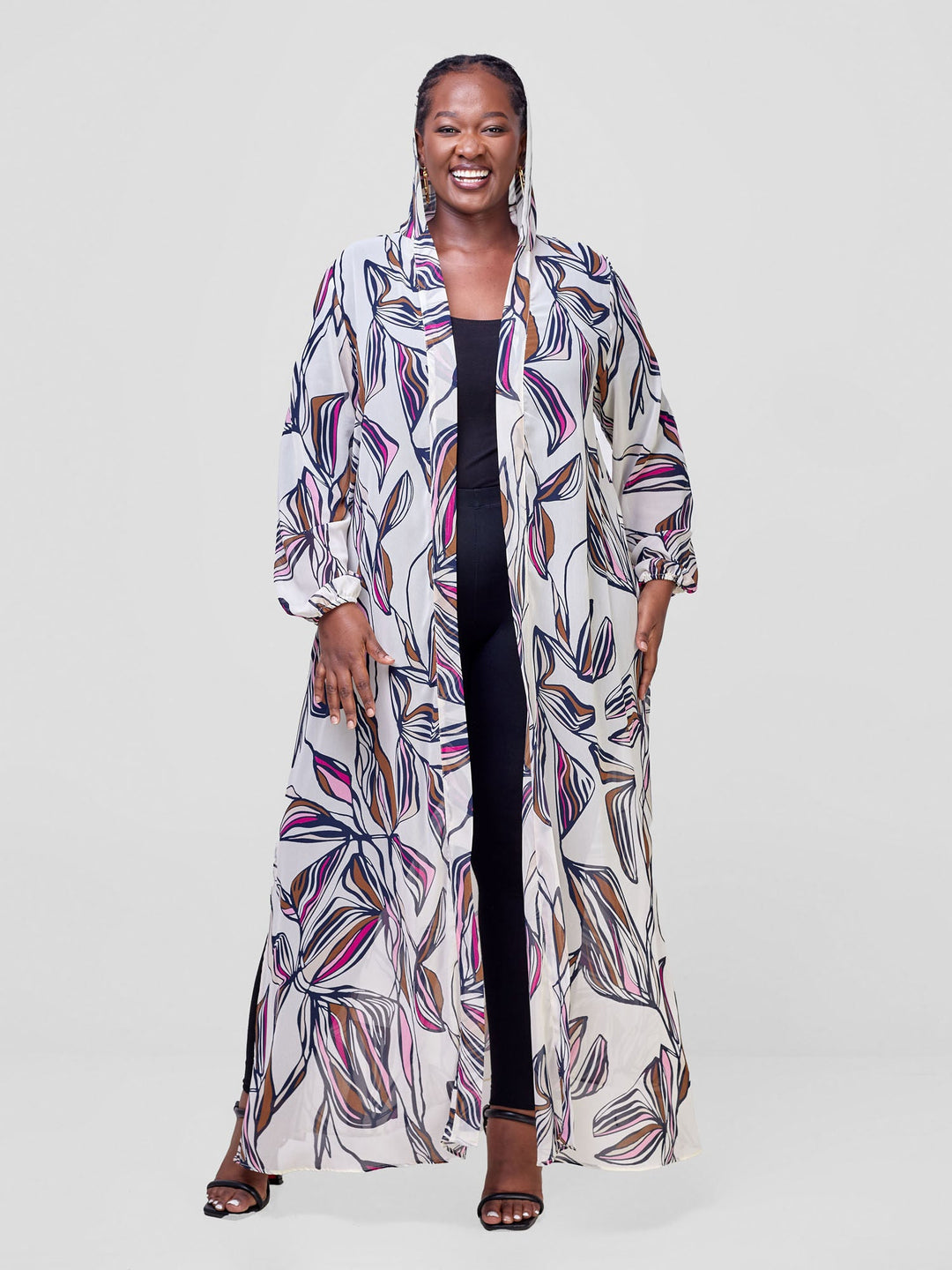 Vivo Hooded Kimono With Elastic Cuff - Cream / Purple Print