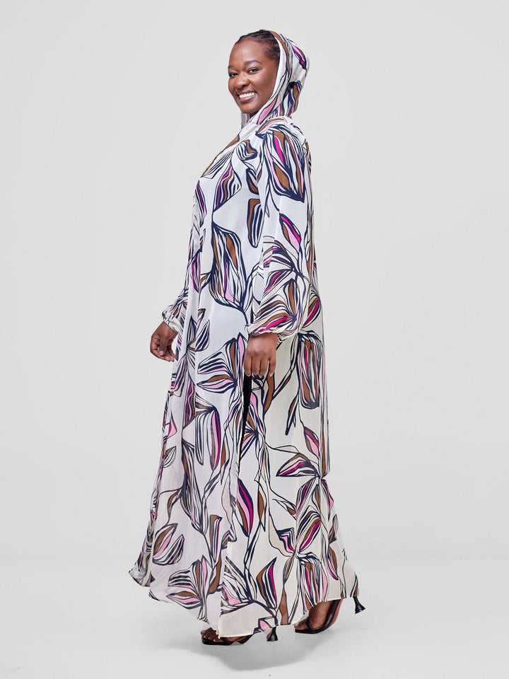 Vivo Hooded Kimono With Elastic Cuff - Cream / Purple Print