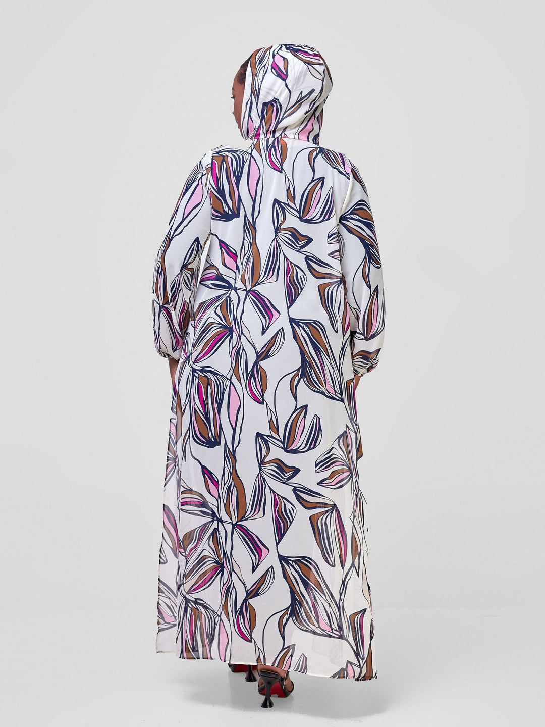 Vivo Hooded Kimono With Elastic Cuff - Cream / Purple Print