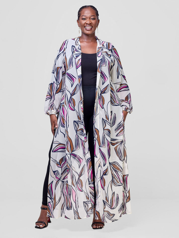 Vivo Hooded Kimono With Elastic Cuff - Cream / Purple Print