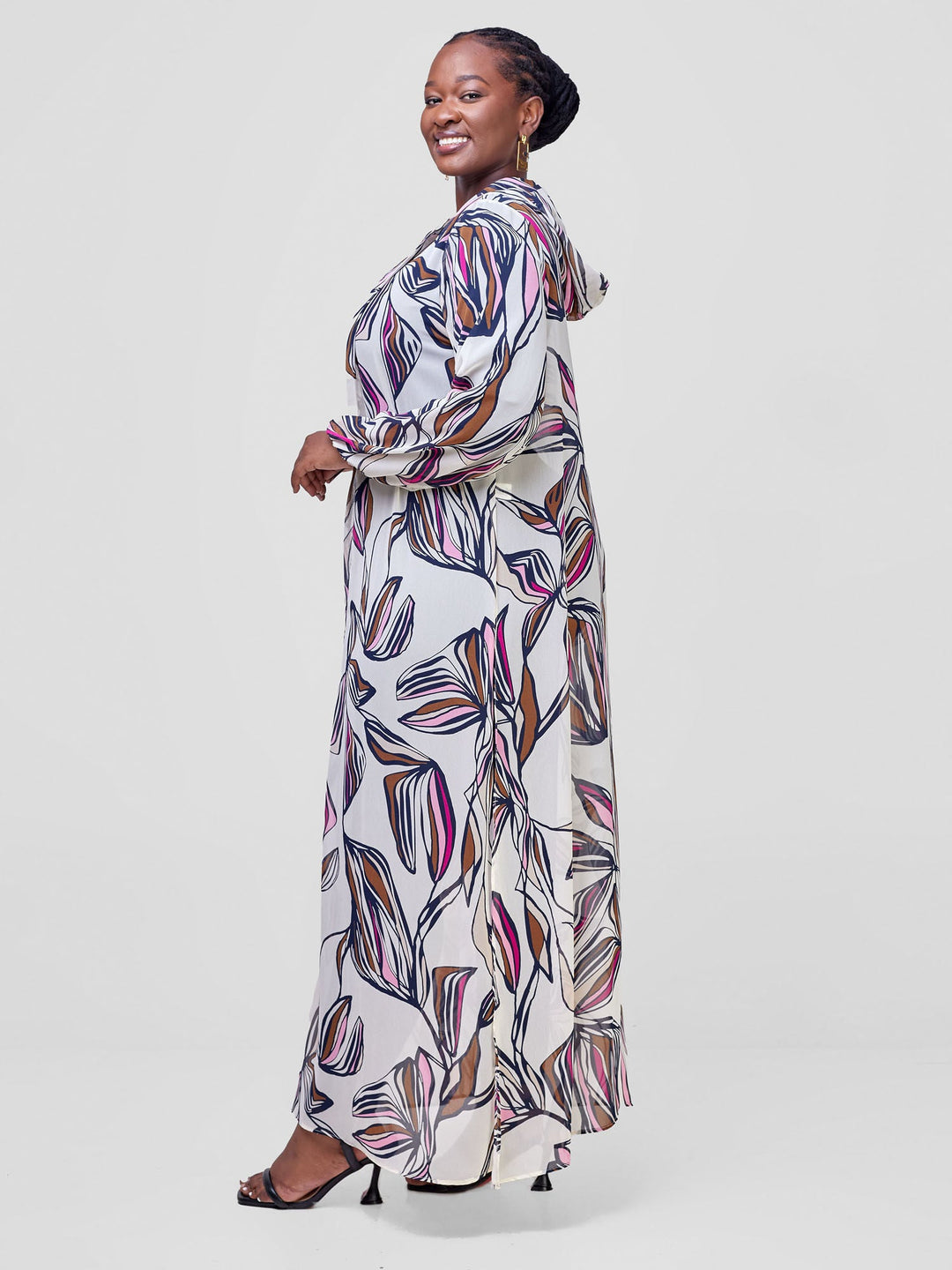 Vivo Hooded Kimono With Elastic Cuff - Cream / Purple Print