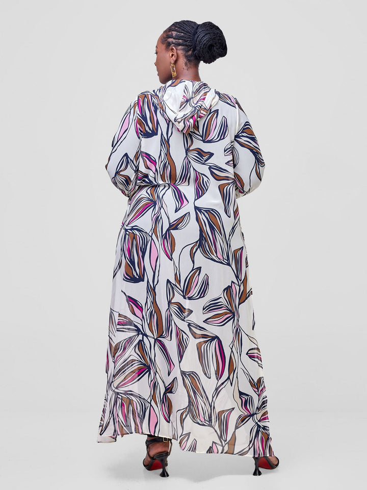 Vivo Hooded Kimono With Elastic Cuff - Cream / Purple Print