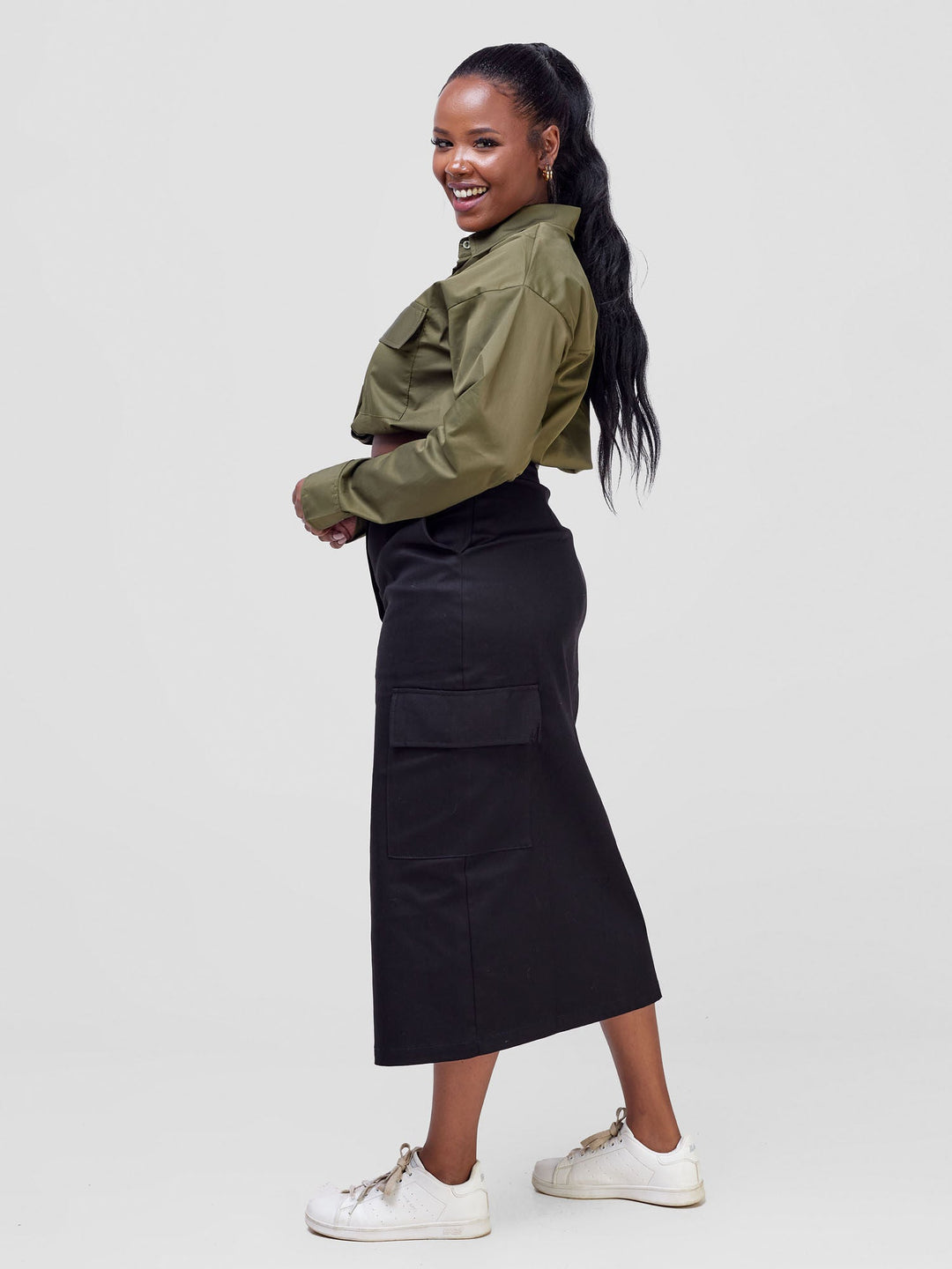 Safari Kamari  Front Slit Midi Skirt - Black