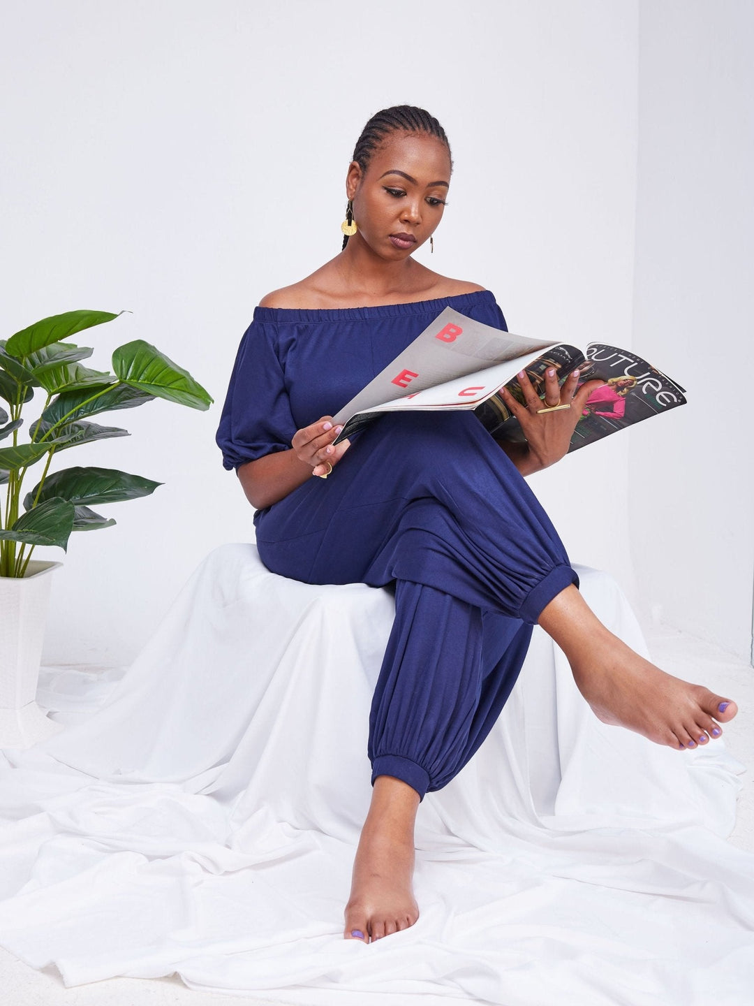 Vivo Essentials Off Shoulder Jumpsuit - Navy Blue