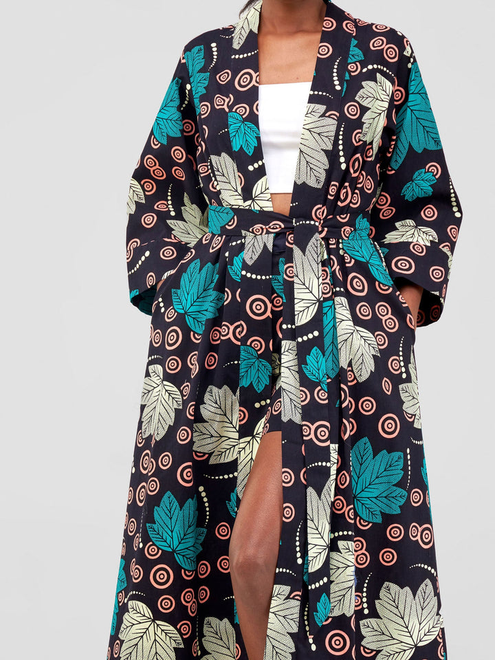 Vivo Full Length Kimono - Cream / Navy Print